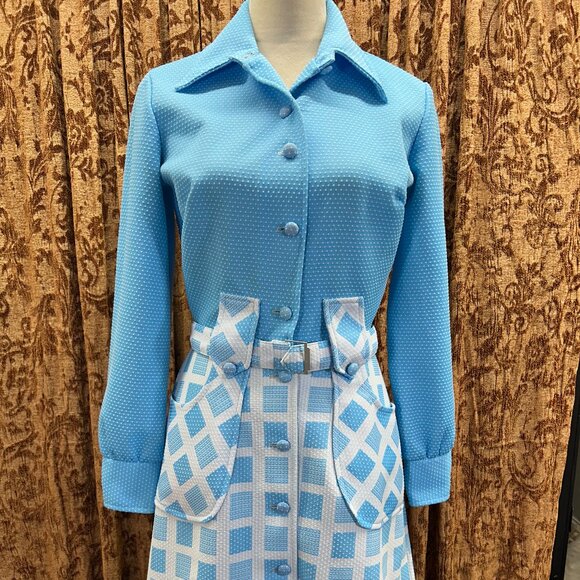 AWESOME Vintage 60' 70' Mod Dagger Collar JC Penny Light Blue Pockets Dress - Picture 1 of 16